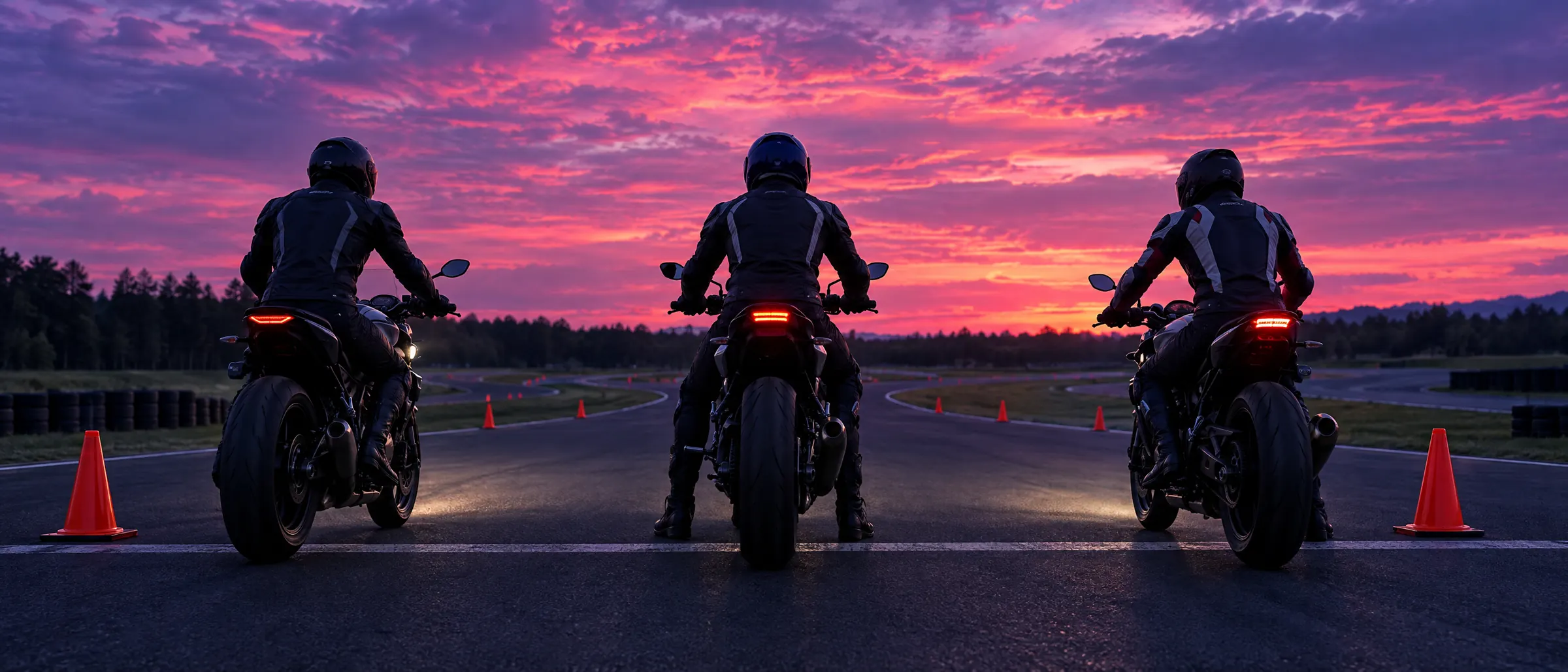 Trois motards de dos sur la piste d'un plateau balisé, face au coucher du soleil