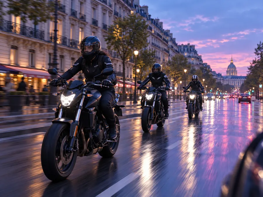 Motards en ville au crépuscule, sur une avenue mouillée