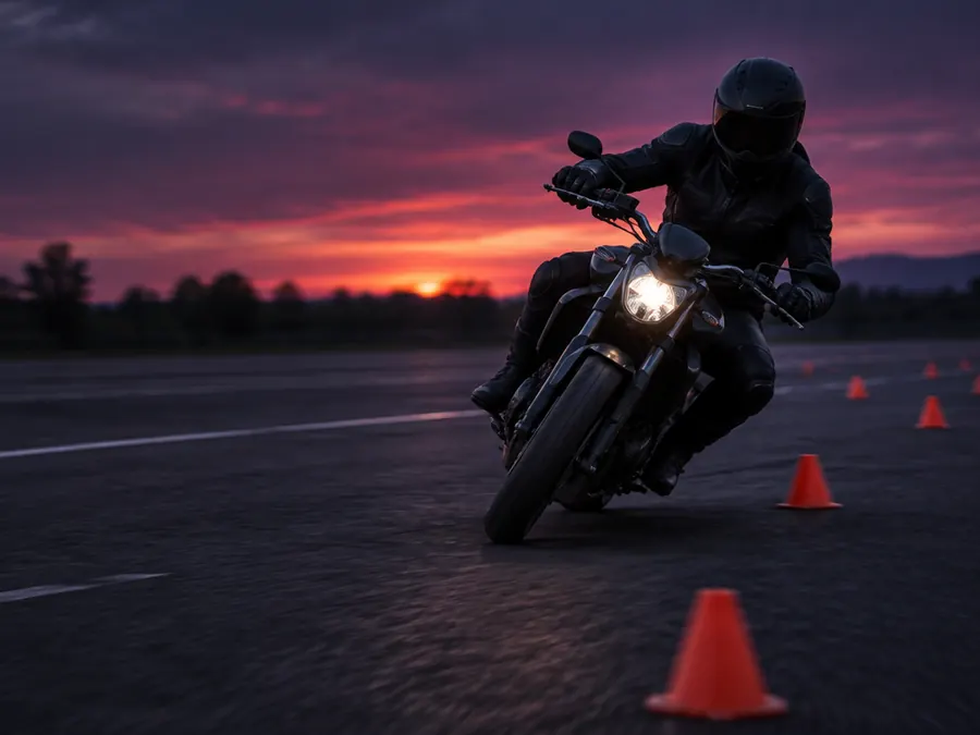 Motard en virage entre les plots d'un plateau, au coucher du soleil
