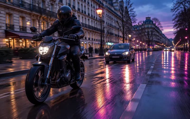 Motard sur une avenue parisienne mouillée, à la tombée de la nuit