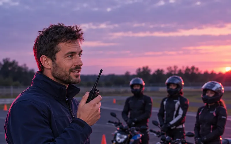 Un enseignant briefe trois élèves motards équipés, devant leurs motos